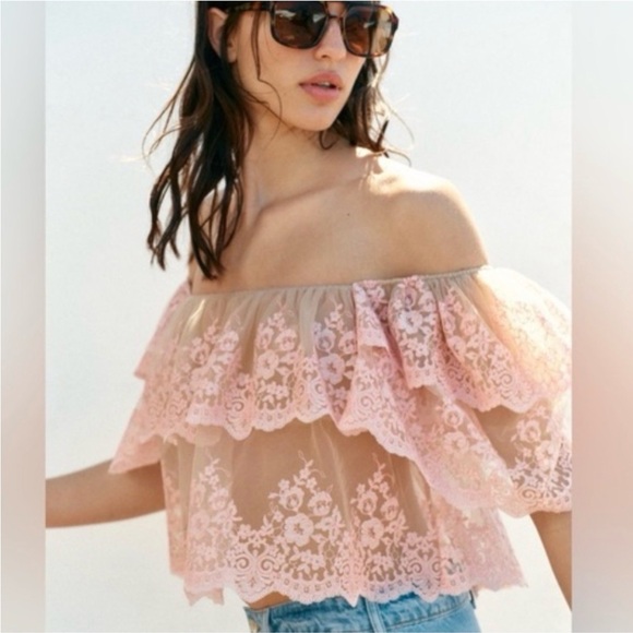 Zara Pink Lace Off-Shoulder Embroidered Crop Top - Picture 2 of 13